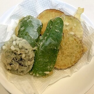 カリカリサクサク☆薩摩芋とピーマンと椎茸の天ぷら